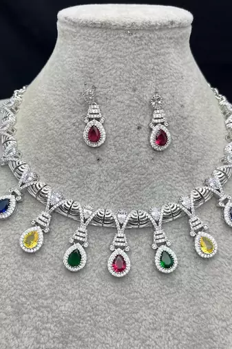 multi-gemstone teardrop statement necklace and earring set, silver-tone bridal prom jewellery
