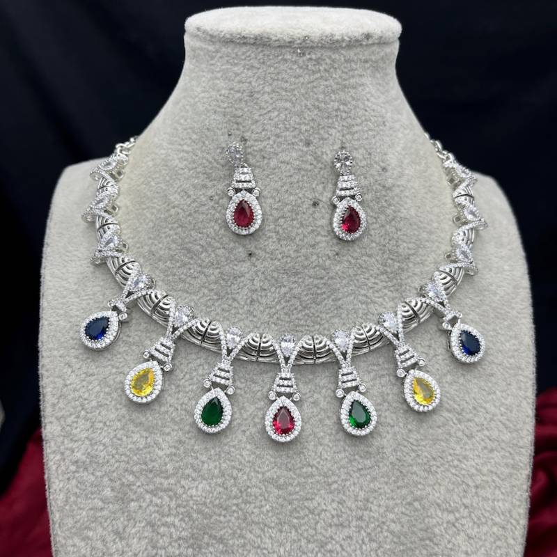 multi-gemstone teardrop statement necklace and earring set, silver-tone bridal prom jewellery