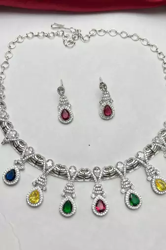 multi-gemstone teardrop statement necklace and earring set, silver-tone bridal prom jewellery