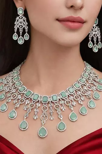 mint green chandelier necklace set | silver finish indian bridal jewellery