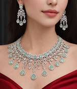 mint green chandelier necklace set  silver finish indian bridal jewellery