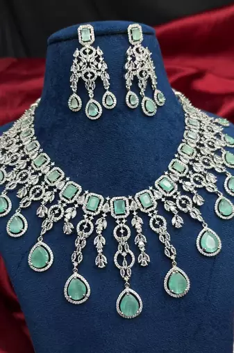 mint green chandelier necklace set | silver finish indian bridal jewellery