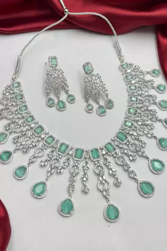 mint green chandelier necklace set | silver finish indian bridal jewellery