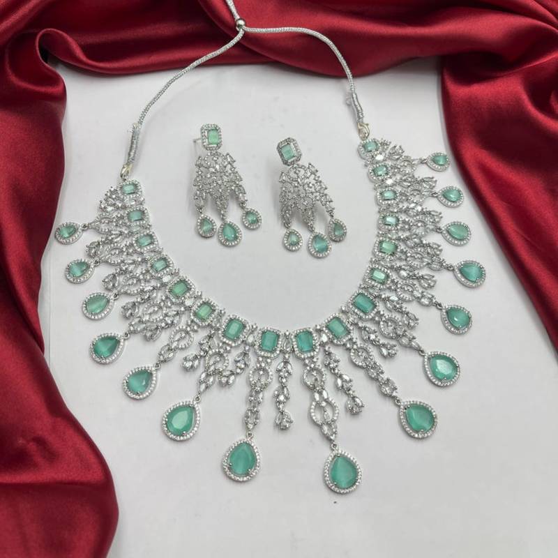mint green chandelier necklace set  silver finish indian bridal jewellery