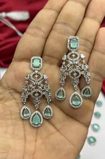 mint green chandelier necklace set | silver finish indian bridal jewellery