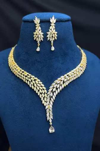 gold marquise cz bridal necklace and earring set, statement wedding jewellery