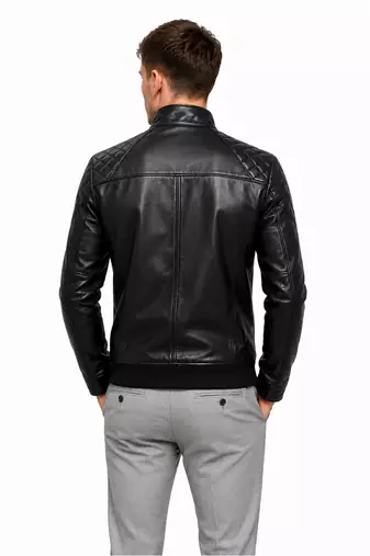 Men's black lambskin leather jacket quilted design biker
