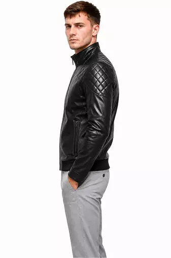 Men's black lambskin leather jacket quilted design biker
