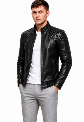 Men's black lambskin leather jacket quilted design biker 1