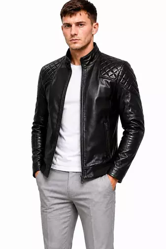 Men's black lambskin leather jacket quilted design biker