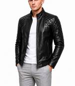 Men's black lambskin leather jacket quilted design biker