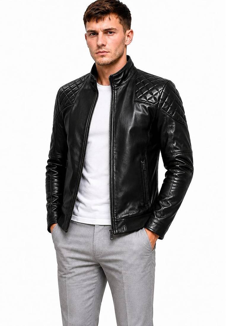 Men's black lambskin leather jacket quilted design biker