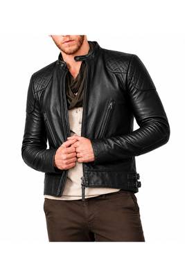 Men's biker leather jacket premium finish black quilted shoulder 1