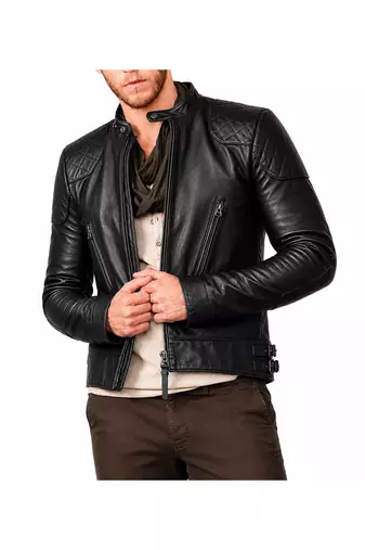 Men's biker leather jacket premium finish black quilted shoulder