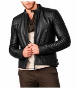 Men's biker leather jacket premium finish black quilted shoulder