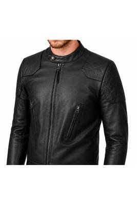 Men's biker leather jacket premium finish black quilted shoulder 2