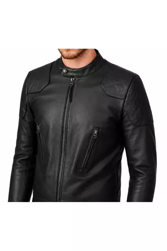 Men's biker leather jacket premium finish black quilted shoulder