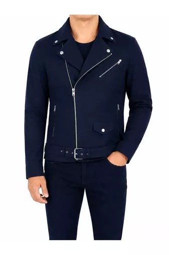 Men's navy blue leather jacket motorcycle biker wear jacket