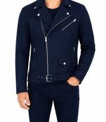 Men's navy blue leather jacket motorcycle biker wear jacket