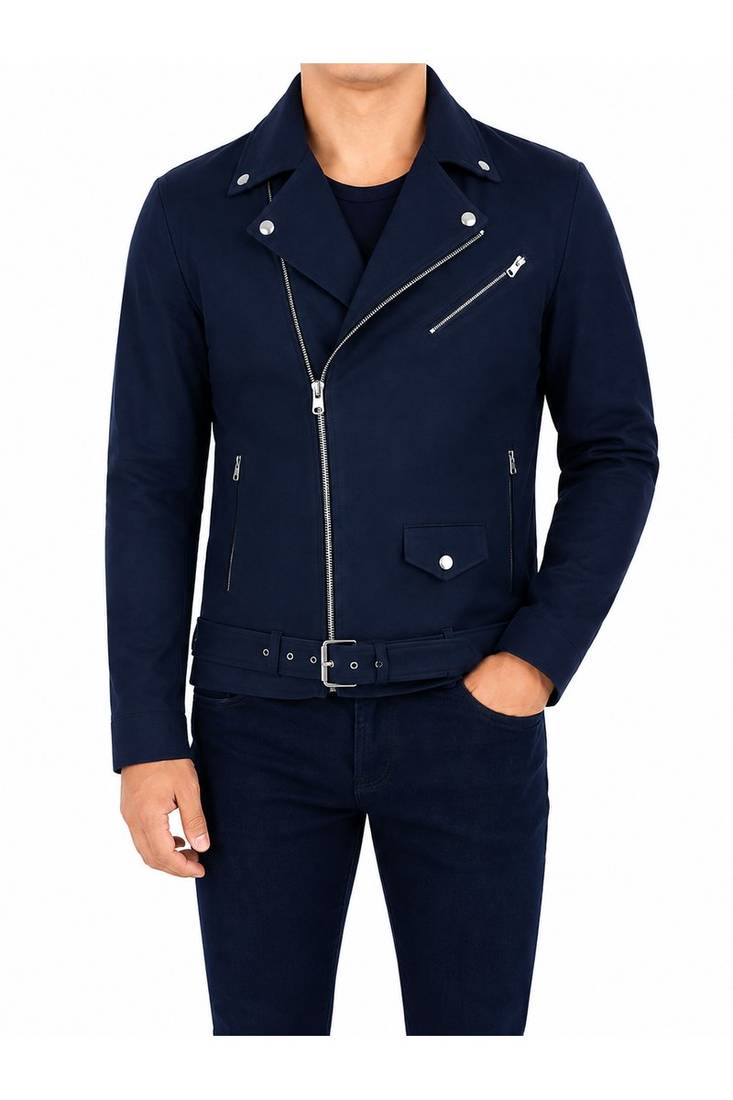 Men's navy blue leather jacket motorcycle biker wear jacket