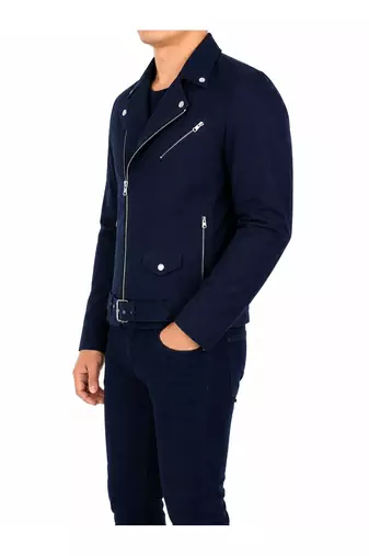 Men's navy blue leather jacket motorcycle biker wear jacket