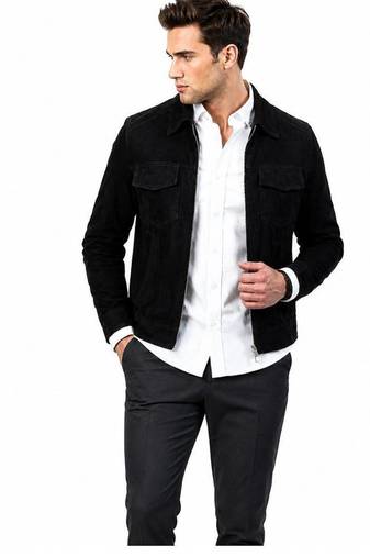 Men's black suede leather jacket casual style suede trucker jacket