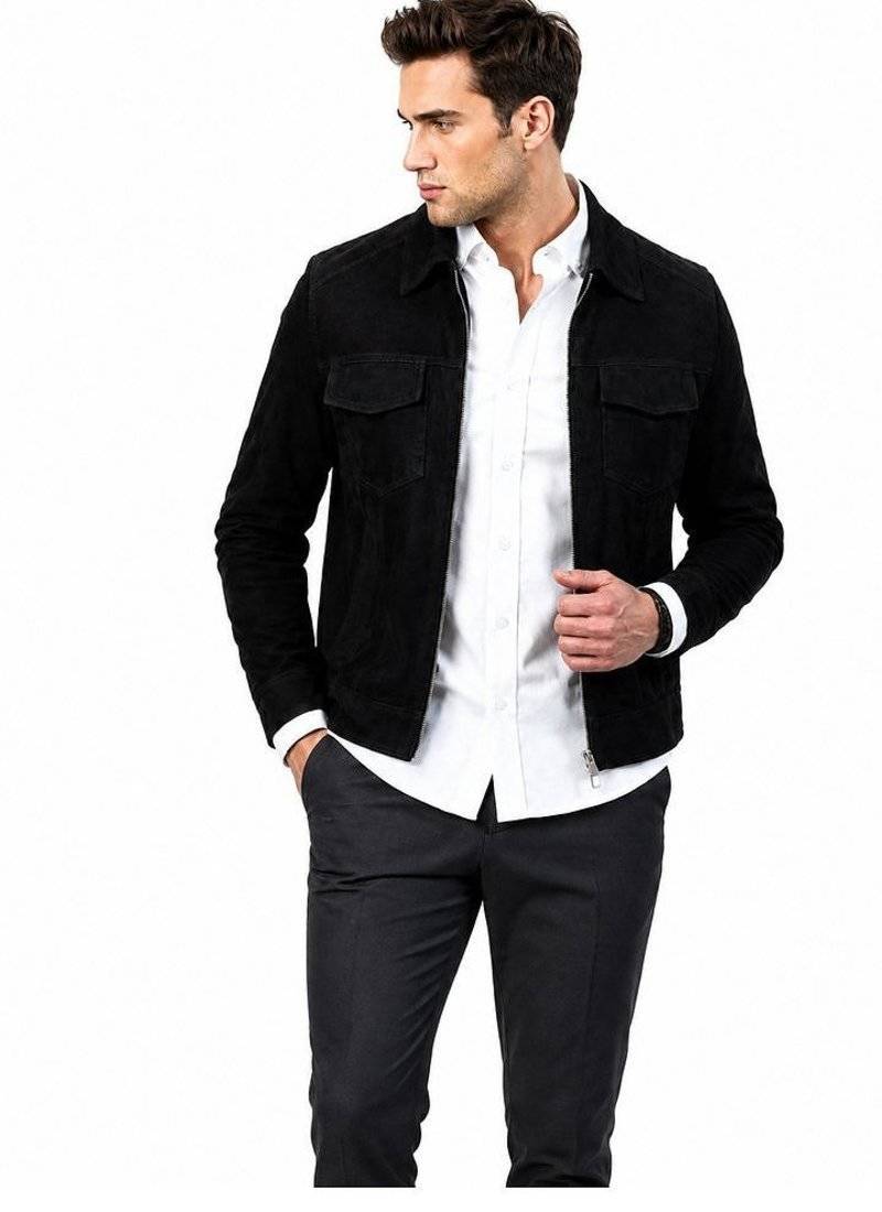 Men's black suede leather jacket casual style suede trucker jacket