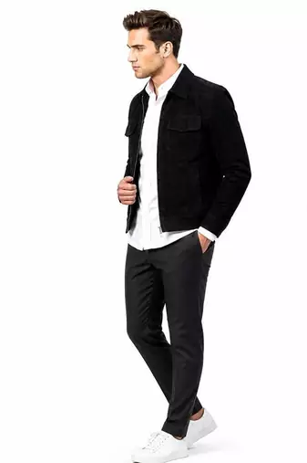 Men's black suede leather jacket casual style suede trucker jacket