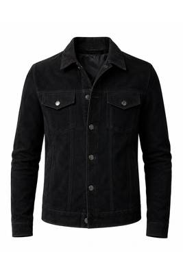 Men's black suede leather trucker jacket vintage style buttoned coat 1