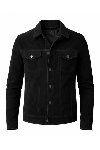 Men's black suede leather trucker jacket vintage style buttoned coat