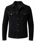 Men's black suede leather trucker jacket vintage style buttoned coat