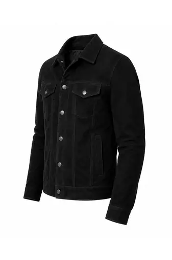 Men's black suede leather trucker jacket vintage style buttoned coat