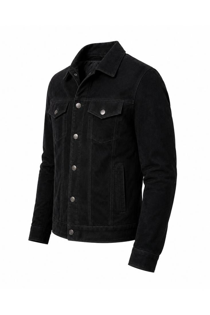 Men's black suede leather trucker jacket vintage style buttoned coat