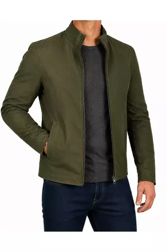 Men's olive green suede leather jacket modern fit stand collar