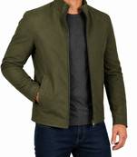 Men's olive green suede leather jacket modern fit stand collar