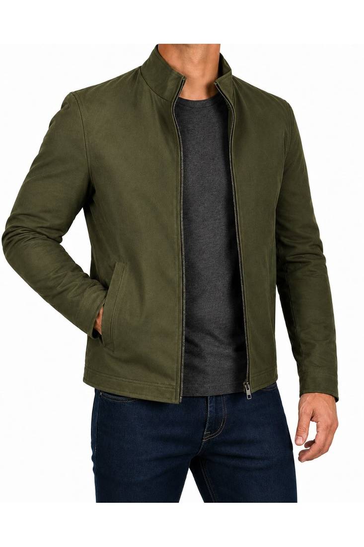 Men's olive green suede leather jacket modern fit stand collar