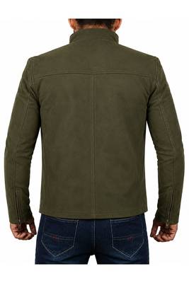 Men's olive green suede leather jacket modern fit stand collar 2