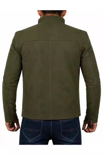 Men's olive green suede leather jacket modern fit stand collar