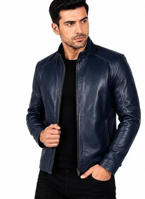 Men's navy blue leather jacket street style lambskin biker jacket 1