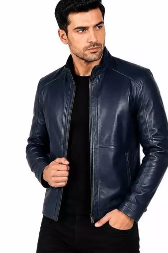 Men's navy blue leather jacket street style lambskin biker jacket