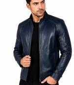 Men's navy blue leather jacket street style lambskin biker jacket
