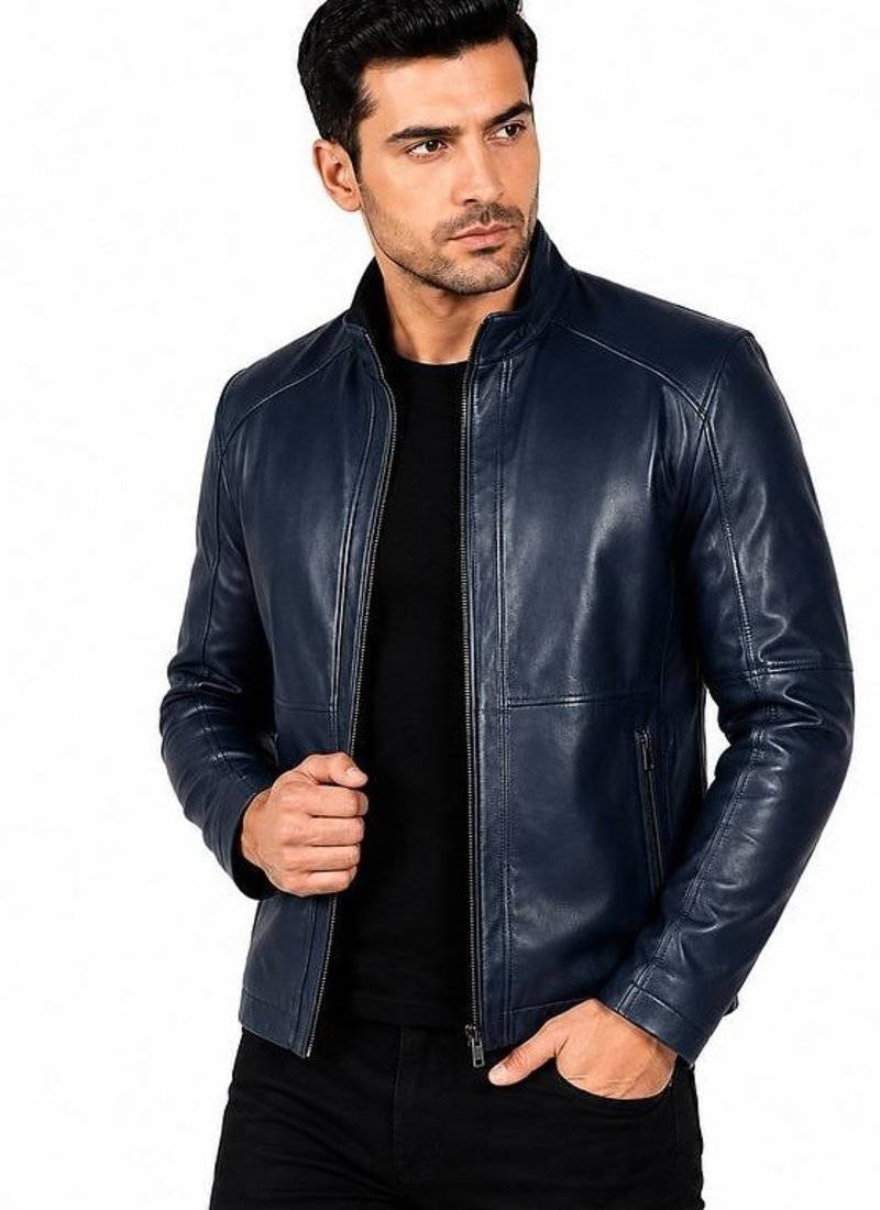 Men's navy blue leather jacket street style lambskin biker jacket