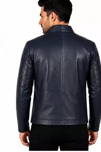 Men's navy blue leather jacket street style lambskin biker jacket
