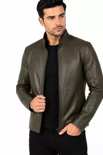Men's olive green leather jacket timeless style casual biker jacket