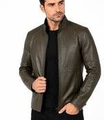 Men's olive green leather jacket timeless style casual biker jacket