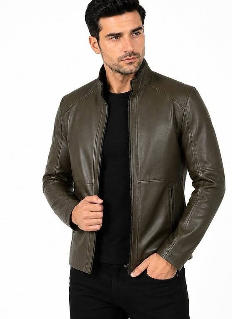 Men's olive green leather jacket timeless style casual biker jacket