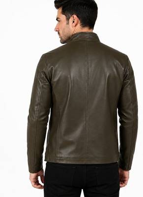 Men's olive green leather jacket timeless style casual biker jacket 2