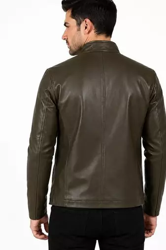 Men's olive green leather jacket timeless style casual biker jacket
