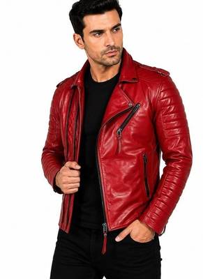 Men's red leather jacket real lambskin motorcycle style quilted jacket 1