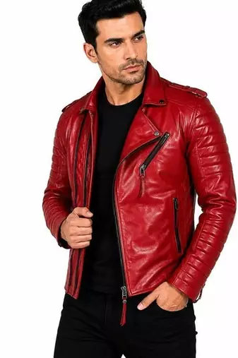 Men's red leather jacket real lambskin motorcycle style quilted jacket